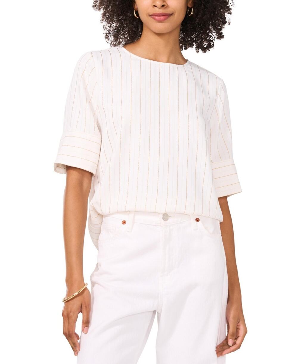Vince Camuto Women's Metallic-Stripe Cuffed Short-Sleeve Top Ivory Size L 0034